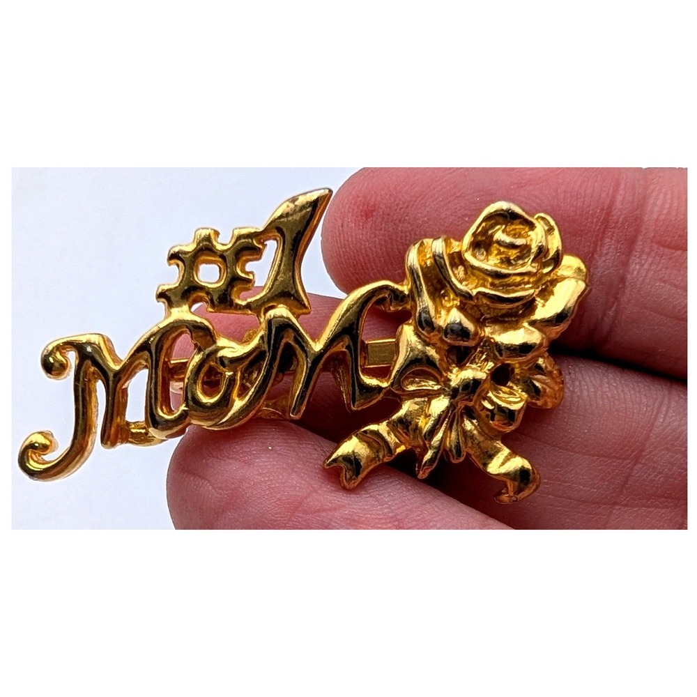 Vintage Gold Tone #1 Mom Rose Brooch Pin Polished Floral Script Jewelry